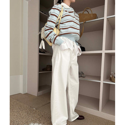 Stylish Color-Blocked Collared Loose Striped Long-Sleeved Knit Sweater