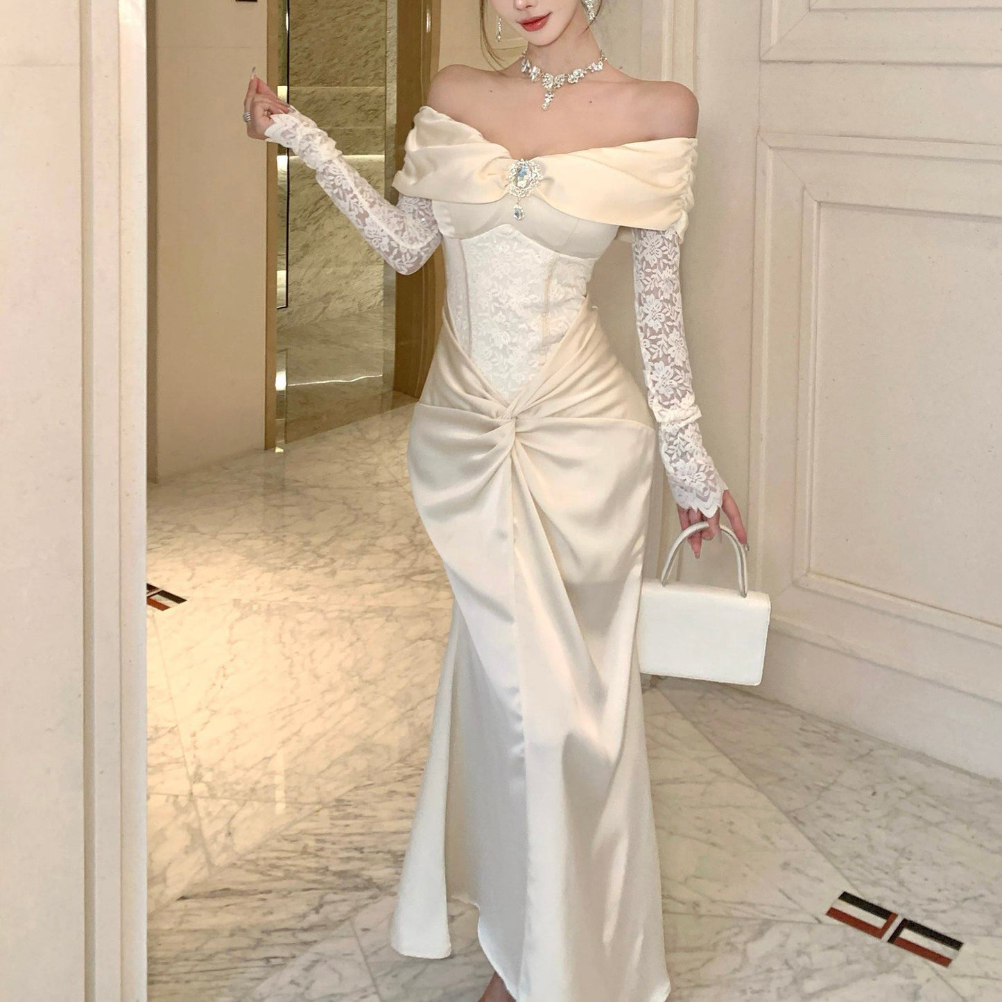 Sexy Off-The-Shoulder Lace Patchwork Evening Gown