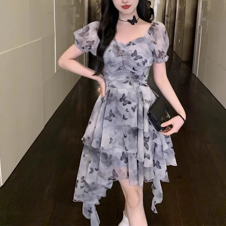 French Irregular Butterfly Print Ruffle Dress