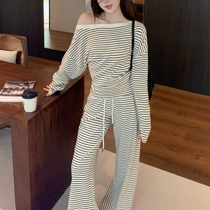 Sexy Color-Block Striped Wide-Leg Trouser Set