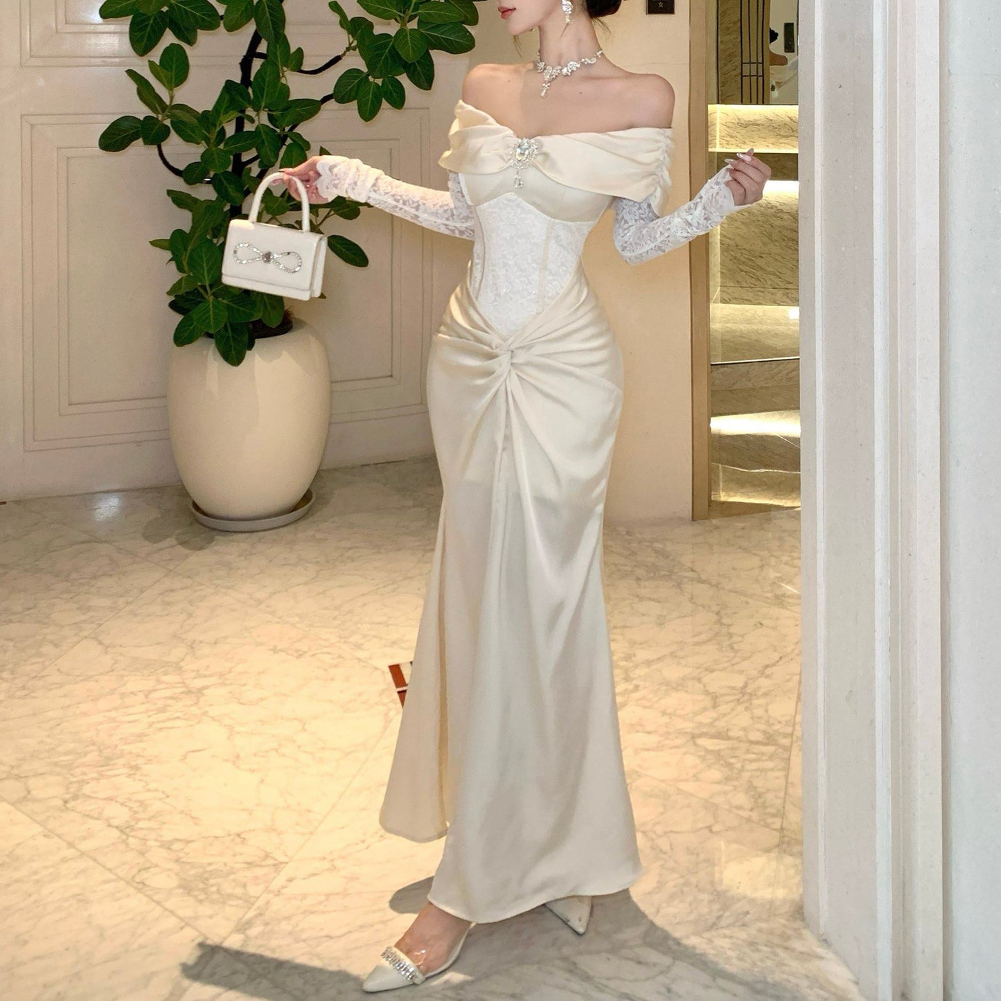 Sexy Off-The-Shoulder Lace Patchwork Evening Gown