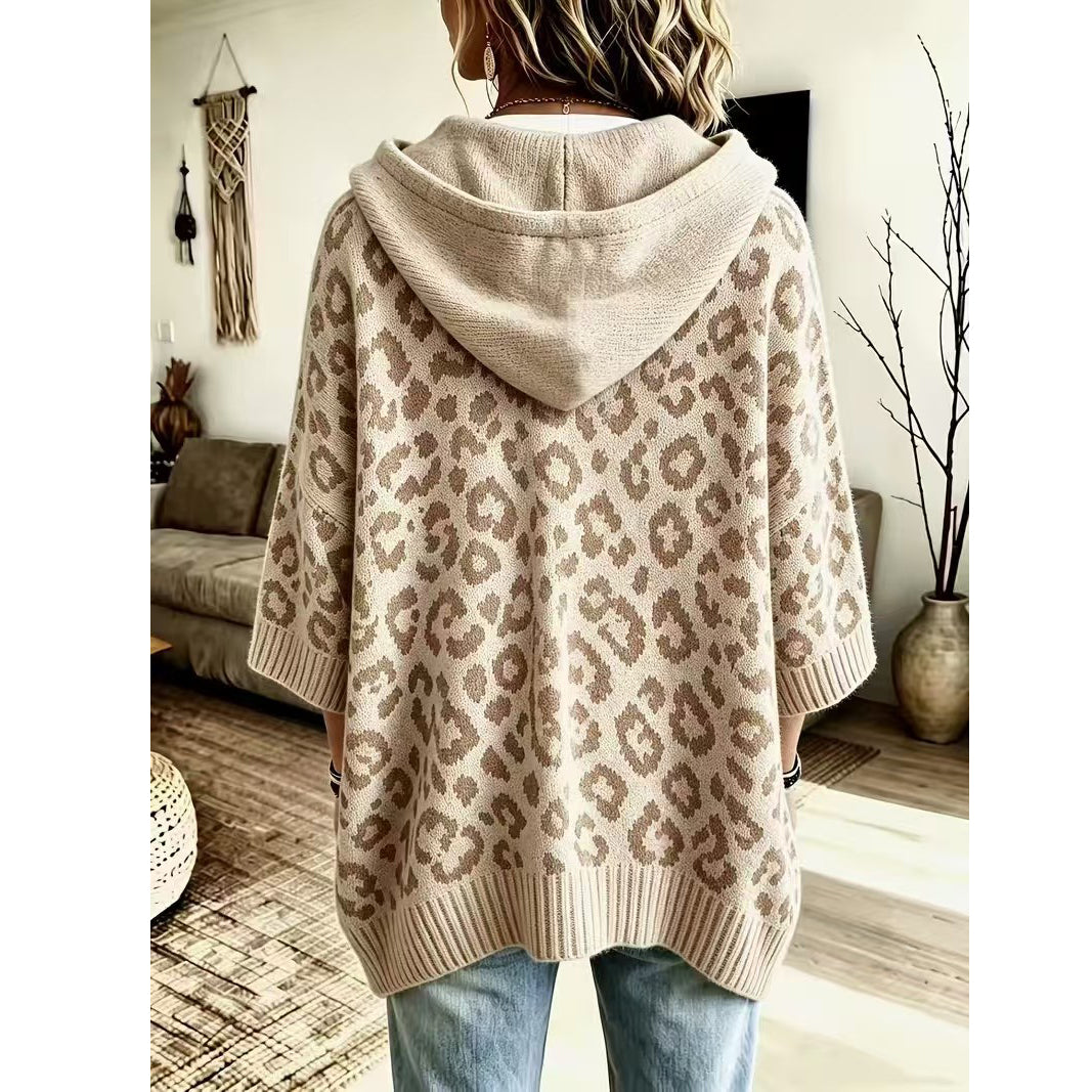 Leopard Print Hooded Drawstring Knit Pullover Sweater