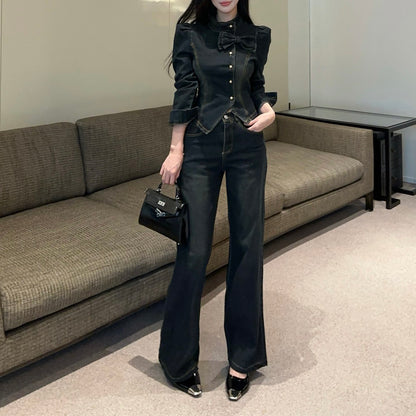 French-Style Sexy Bow-Knot Irregular Denim Top And High-Waisted Pants Set