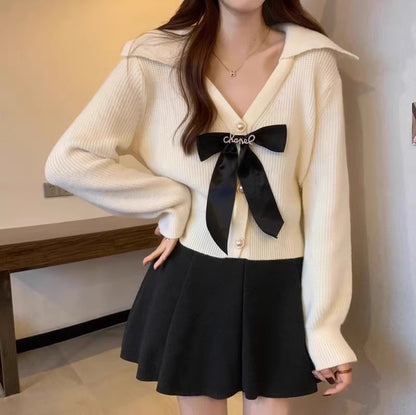 Niche Style Bow-Tie V-Neck Short Knit Cardigan