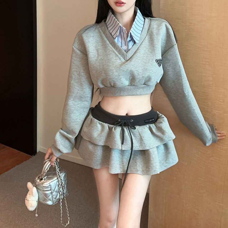 French Sexy Contrast Color Fake Two-Piece Sweatshirt High Waist Skirt Two-Piece Set
