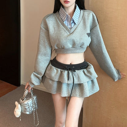 French Sexy Contrast Color Fake Two-Piece Sweatshirt High Waist Skirt Two-Piece Set