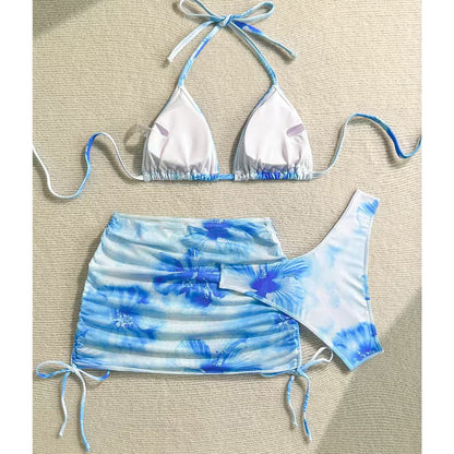 Printed Sexy Halter Neck Strap Swimsuit Three-Piece Set