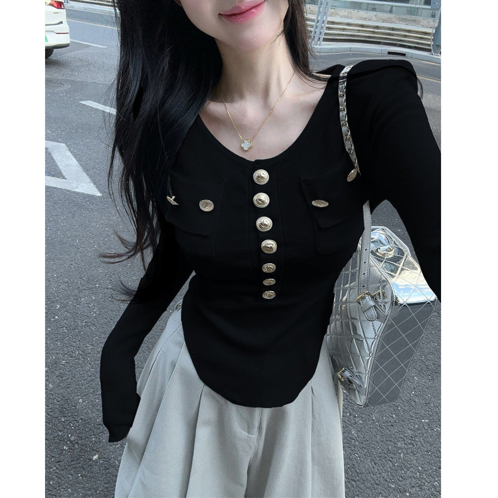 Metallic Single-Breasted Crew-Neck Knit T-Shirt
