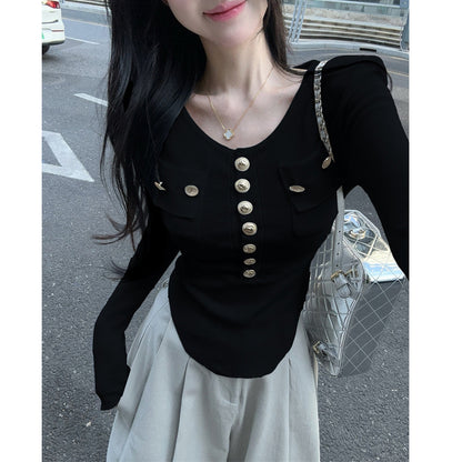 Metallic Single-Breasted Crew-Neck Knit T-Shirt