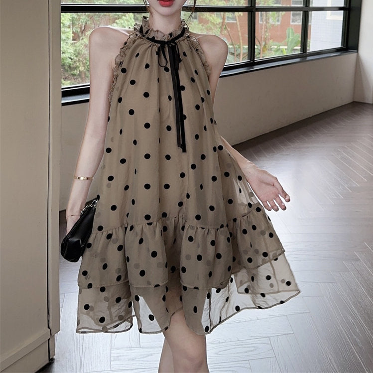 Sweet Polka Dot Ruffle Halter Neck Loose A-Line Dress
