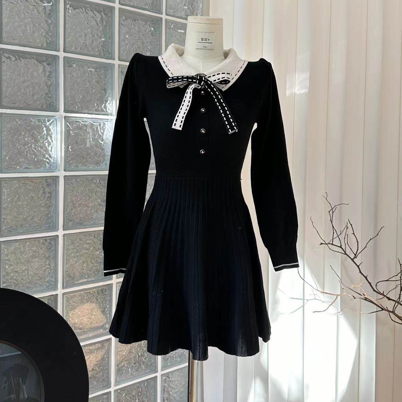 Polo-Neck Knitted Black Dress