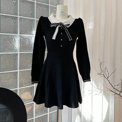 Polo-Neck Knitted Black Dress