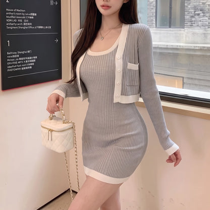 Stylish Knitted Cardigan and Dress Two-Piece Set