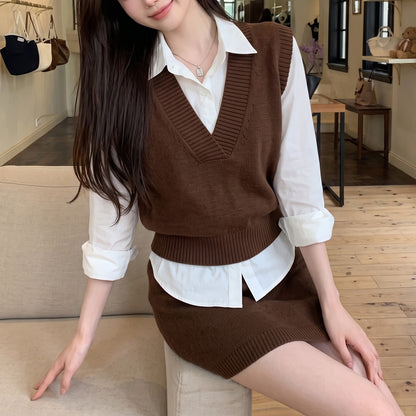 Casual-Chic Three-Piece Set Featuring A Knit Vest And A Mini Skirt