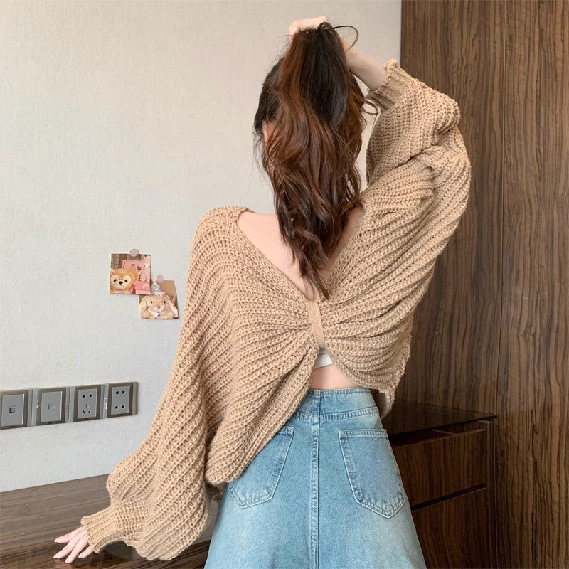 V-Neck Bow-Tie Knit Long-Sleeved Top