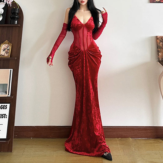 Christmas Red V-Neck Elegant Spaghetti Strap Fishtail Dress
