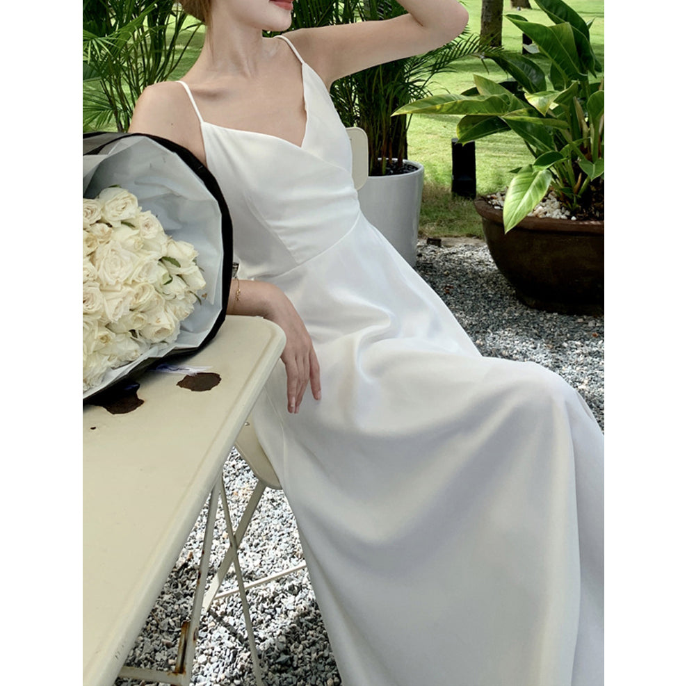 White Sexy Backless Spaghetti-Strap Vacation Dress