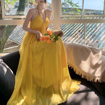 Yellow V-Neck Chiffon Vacation Dress