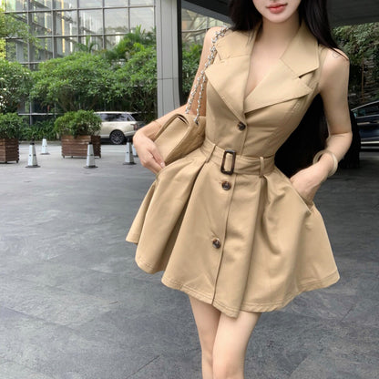 Retro Suit Collar High-Waisted Dress