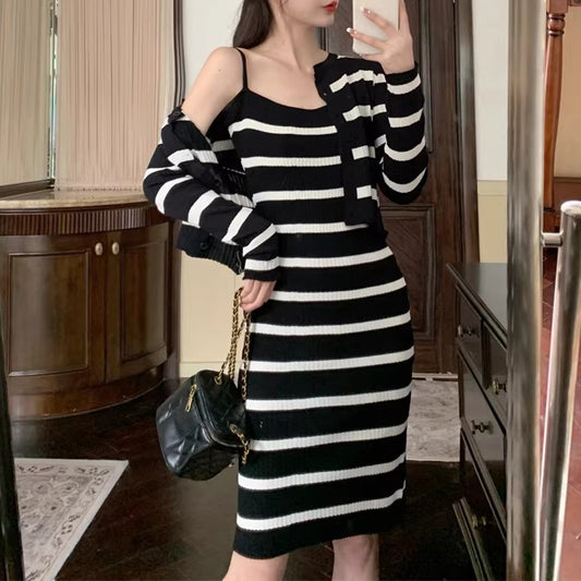 Striped Contrast Cami Dress Knit Cardigan Top Winter Set