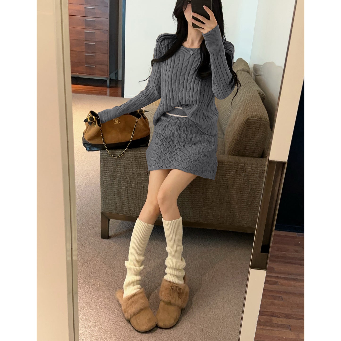Retro Sexy Round Neck Cable Knit Top High Waist Miniskirt Set