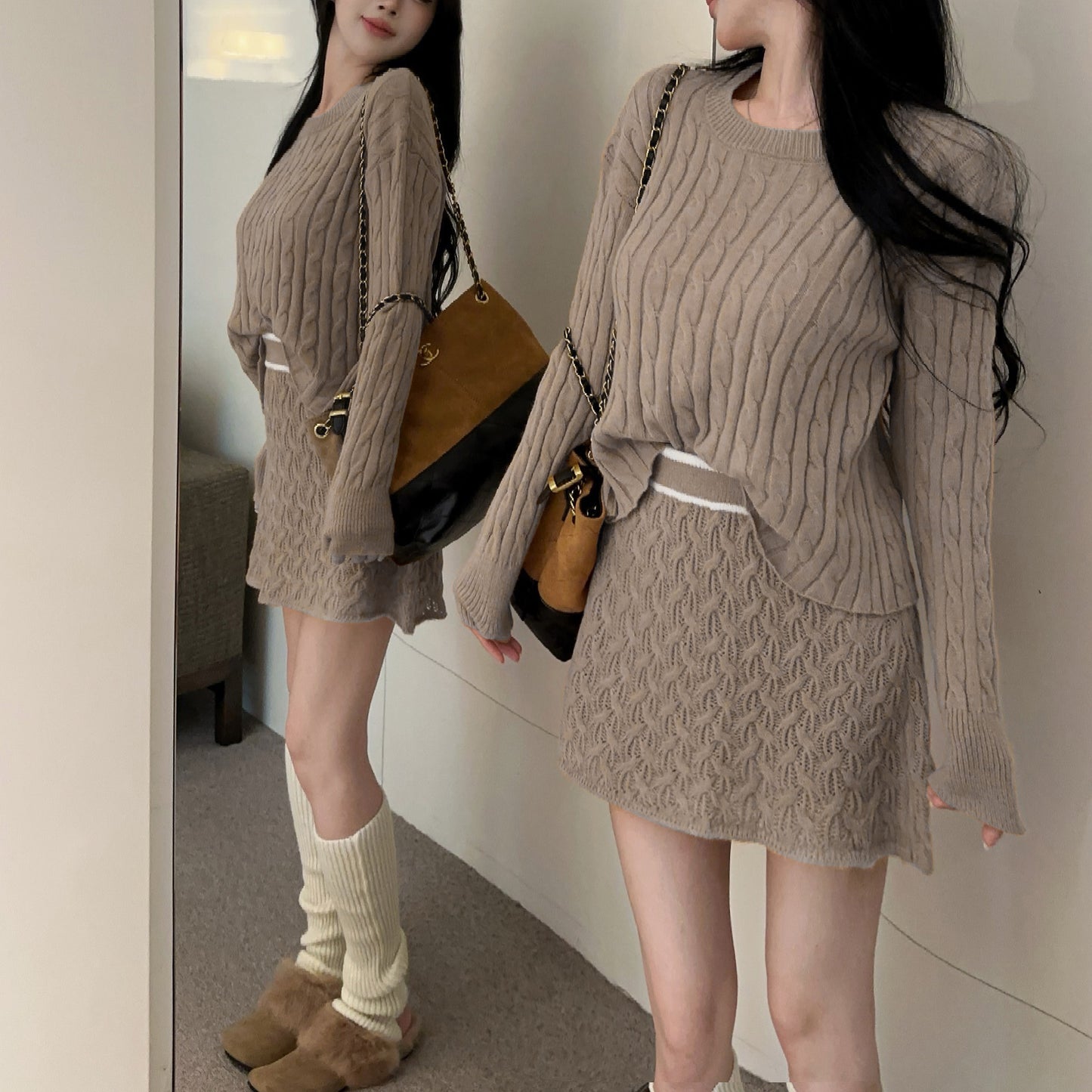 Retro Sexy Round Neck Cable Knit Top High Waist Miniskirt Set