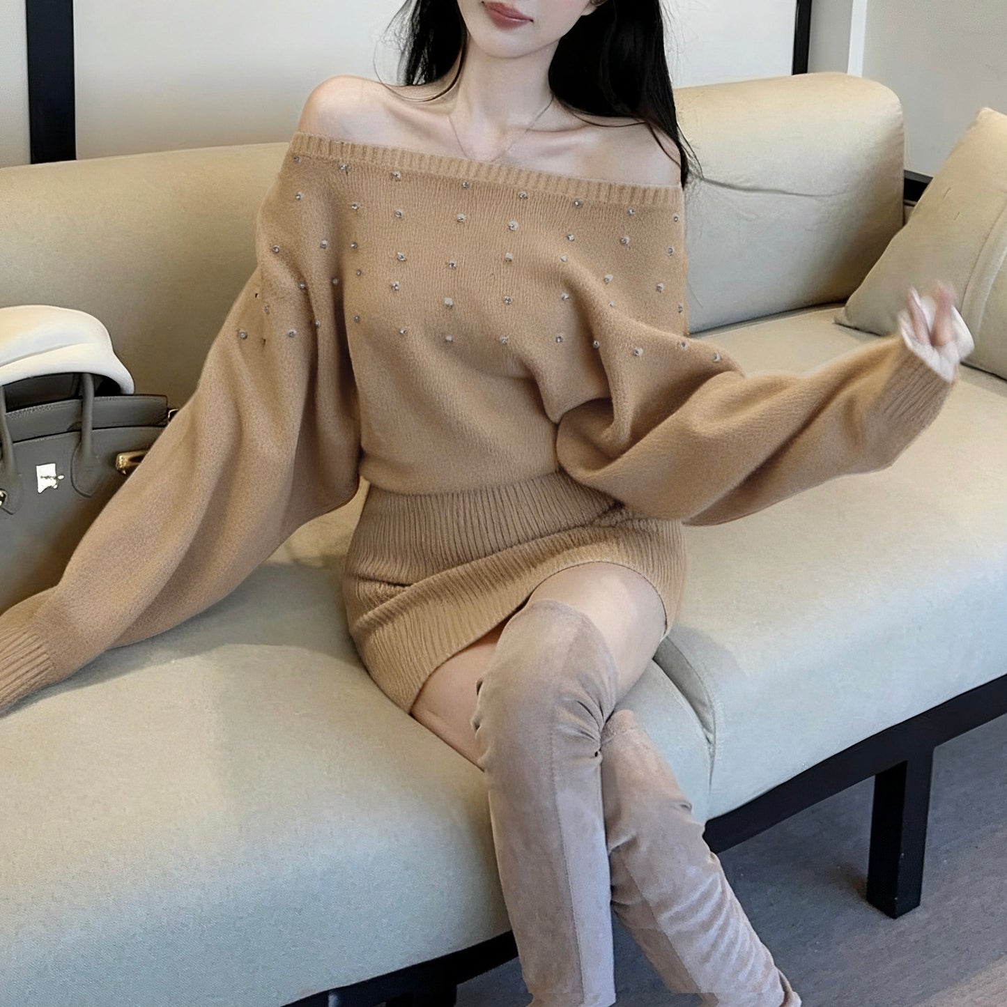 French-Style Sexy Off-Shoulder Rhinestone Knit Dress