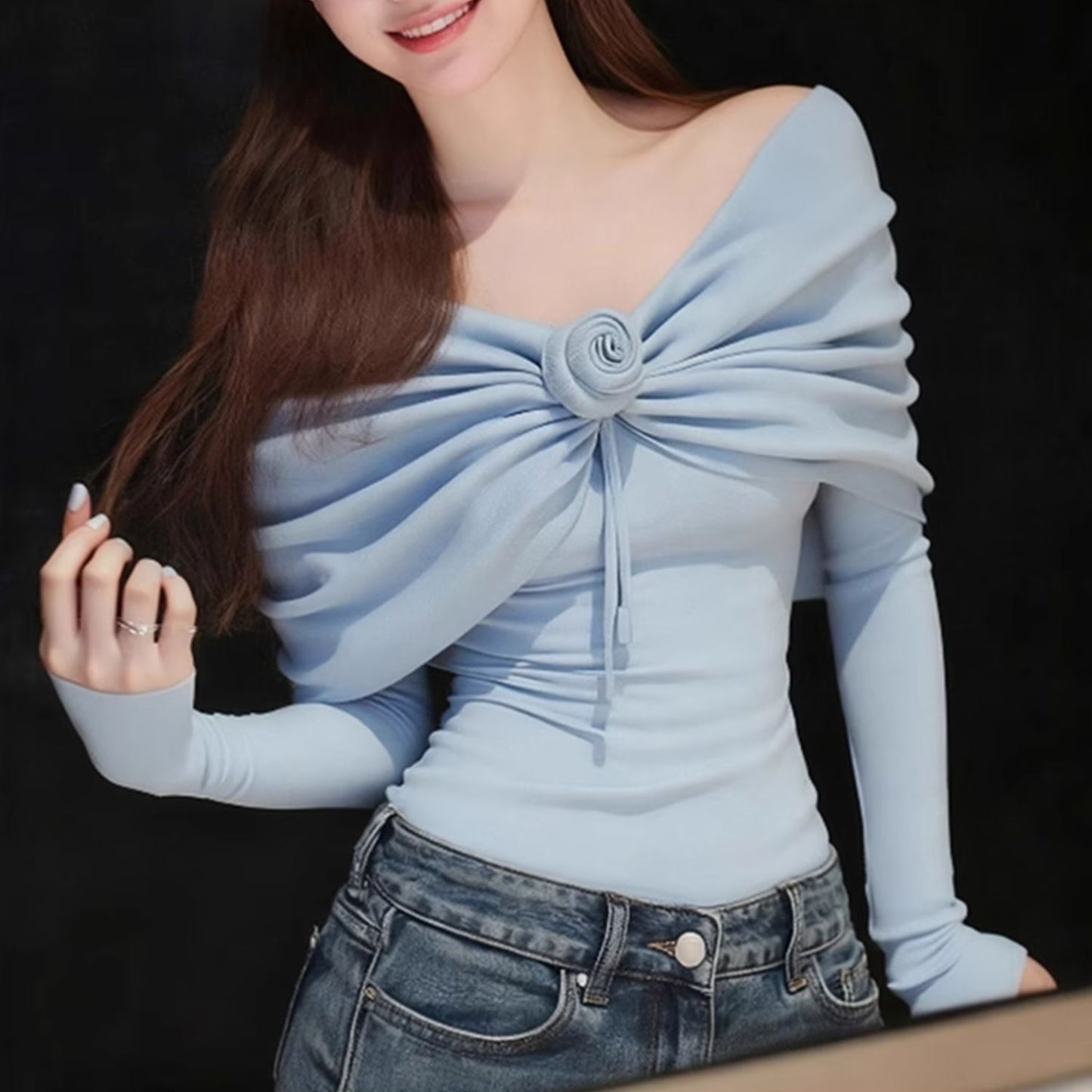 Sexy One-Shoulder 3d Floral Long-Sleeved Sweater