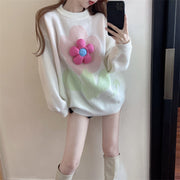 Fashionable Loose Round Neck Pullover Floral Long-Sleeved Knitted Sweater