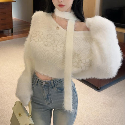 Sweet And Sexy Fluffy Ribbon Knitted Sweater