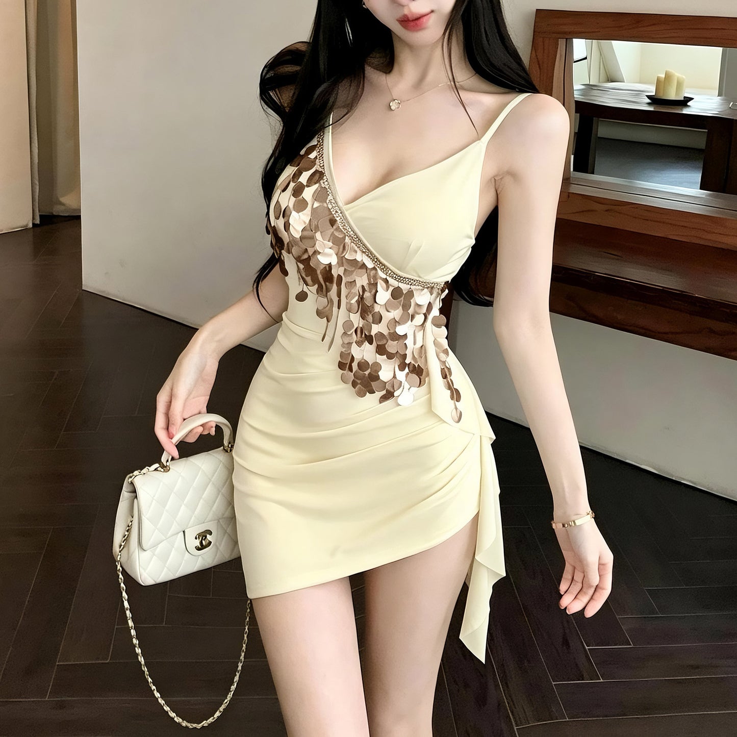 Mesh Tassel Sequined Slip Dress
