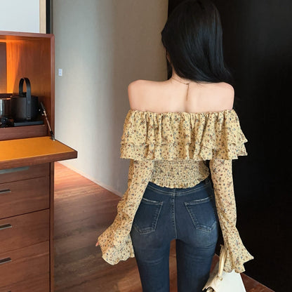 Ruffled Off-The-Shoulder Floral T-Shirt