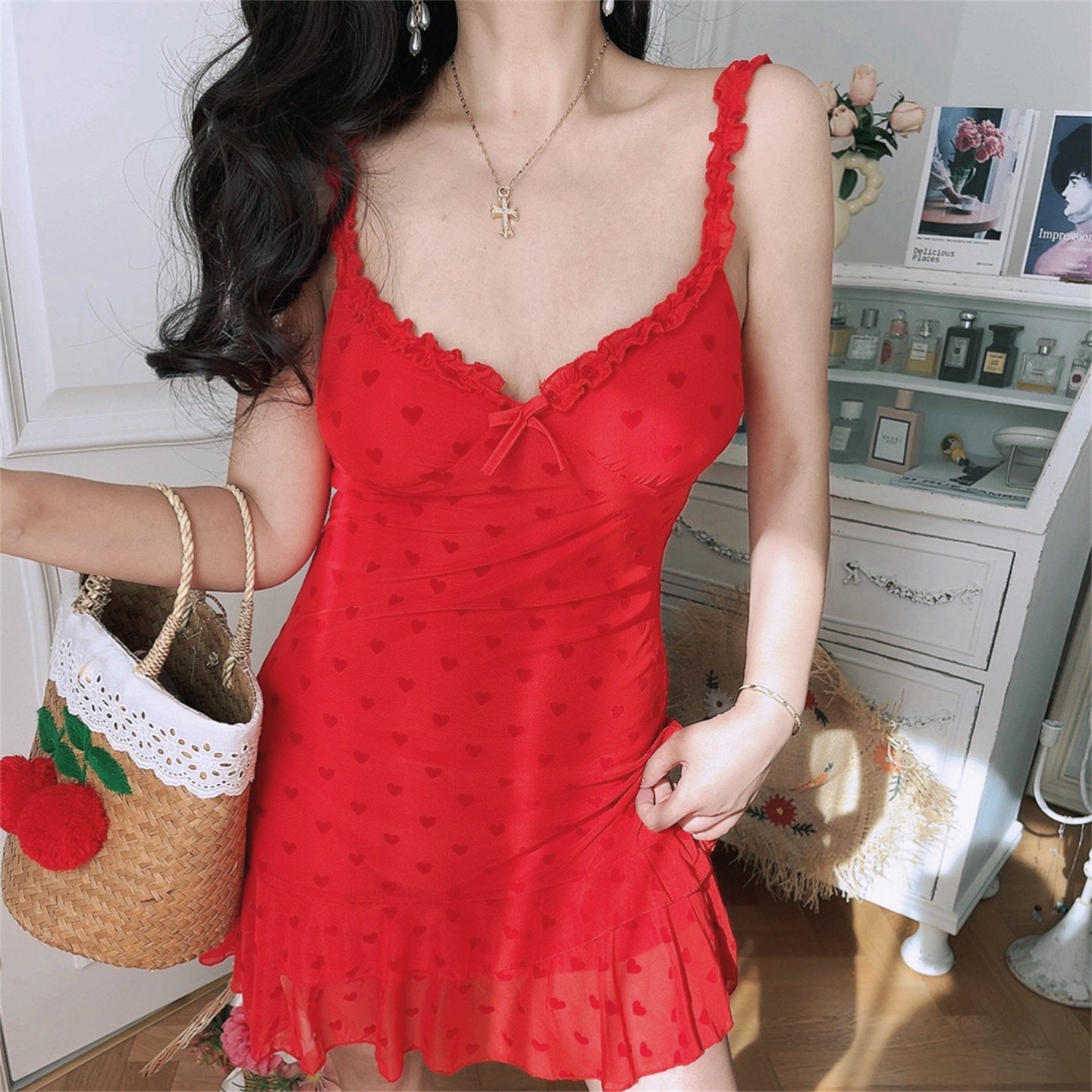 Retro Red Heart-Shaped Ruffled Mesh Vacation Sundress