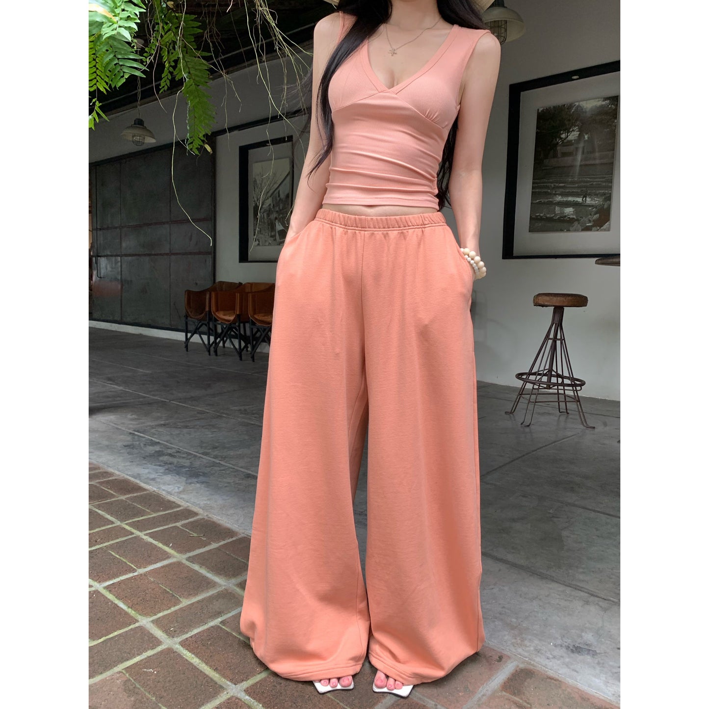 Sexy V-Neck Tank Top And Loose Trousers Set
