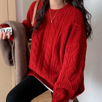Christmas Red Cable-Knit Crew Neck Pullover Sweater