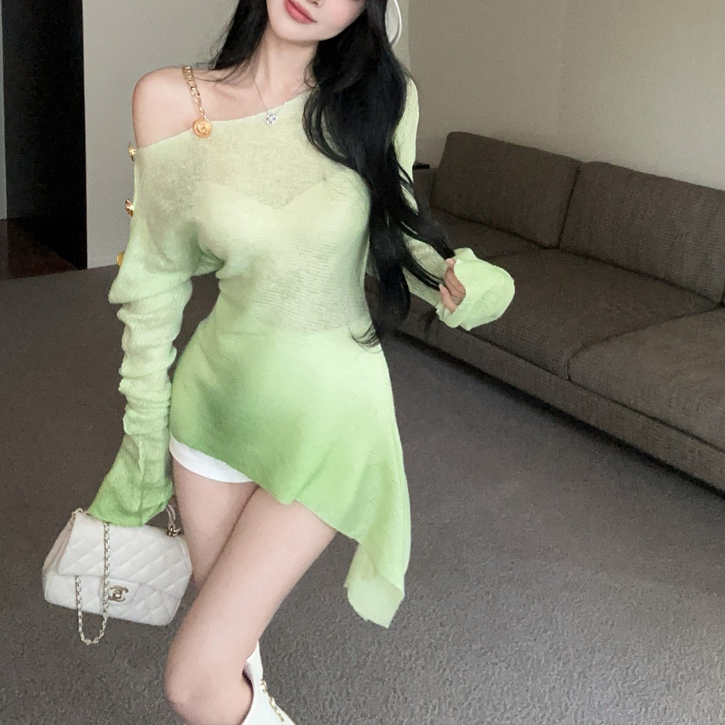 Gradient Color Off-Shoulder Metal Button Sexy Irregular Long-Sleeved Blouse