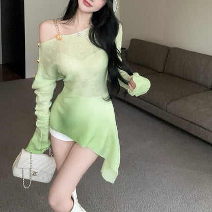 Gradient Color Off-Shoulder Metal Button Sexy Irregular Long-Sleeved Blouse