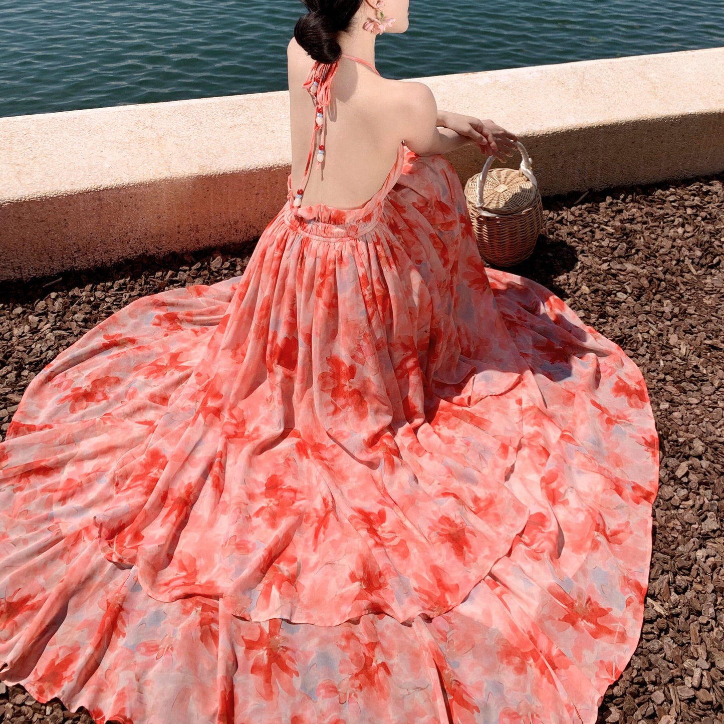 Spaghetti Strap V-Neck Backless Vacation Dress