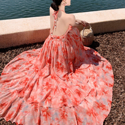 Spaghetti Strap V-Neck Backless Vacation Dress