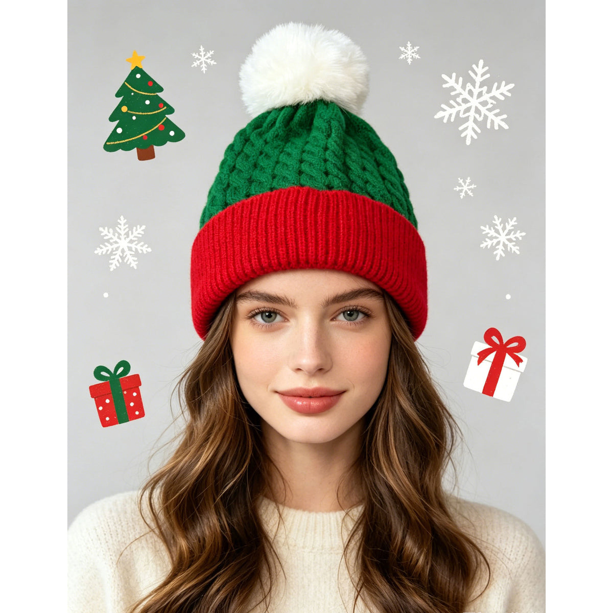 Christmas Red and Green Color-Block Pom-Pom Knit Hat