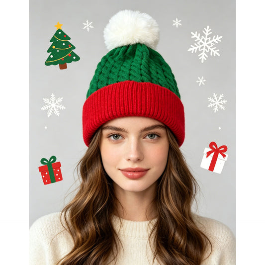 Christmas Red and Green Color-Block Pom-Pom Knit Hat