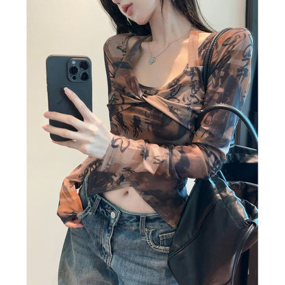Halter Neck Irregular Fashion Sexy Print Long-Sleeved T-Shirt