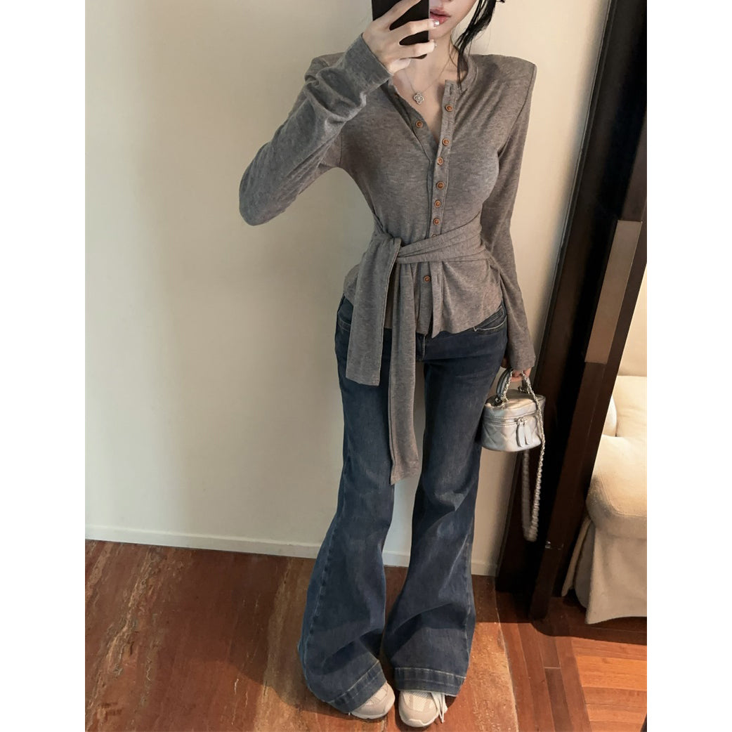 Single-Breasted Fashionable Sexy Chic Long-Sleeved Tie T-Shirt