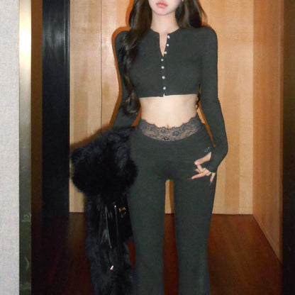 Sexy Long-Sleeved Top And High-Waisted Slightly Flared Casual Pants Two-Piece Set