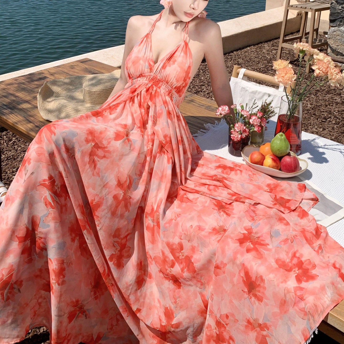 Spaghetti Strap V-Neck Backless Vacation Dress