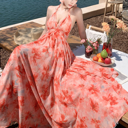 Spaghetti Strap V-Neck Backless Vacation Dress