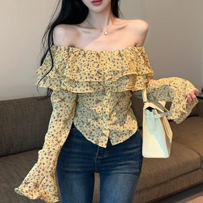 Ruffled Off-The-Shoulder Floral T-Shirt