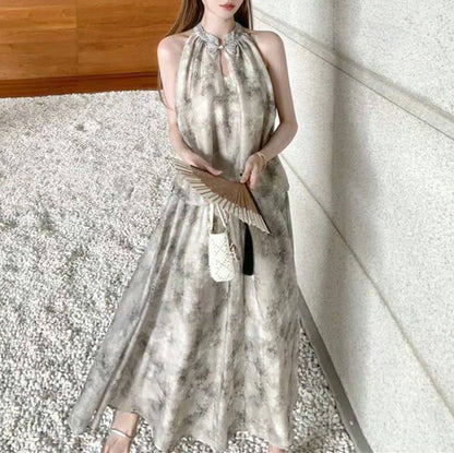 New Chinese Style Tie-Dye Halter Neck Top And Long Skirt Two-Piece Set