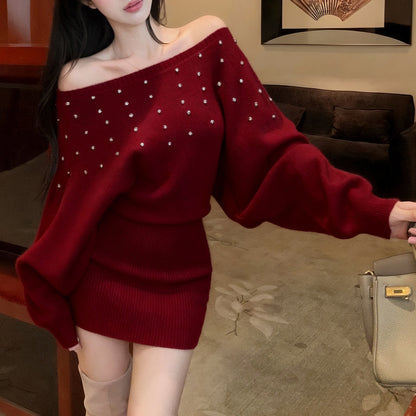 French-Style Sexy Off-Shoulder Rhinestone Knit Dress