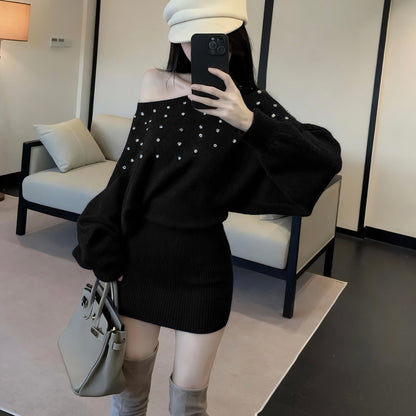 French-Style Sexy Off-Shoulder Rhinestone Knit Dress